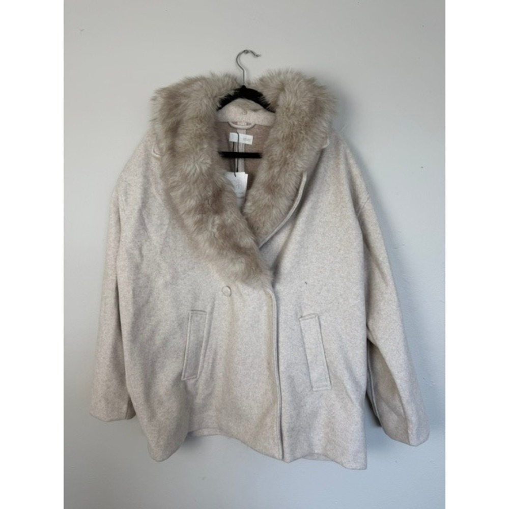 Zara Women Oversized Coat Detachable Faux Fur Collar Oatmeal Beige Large NWT